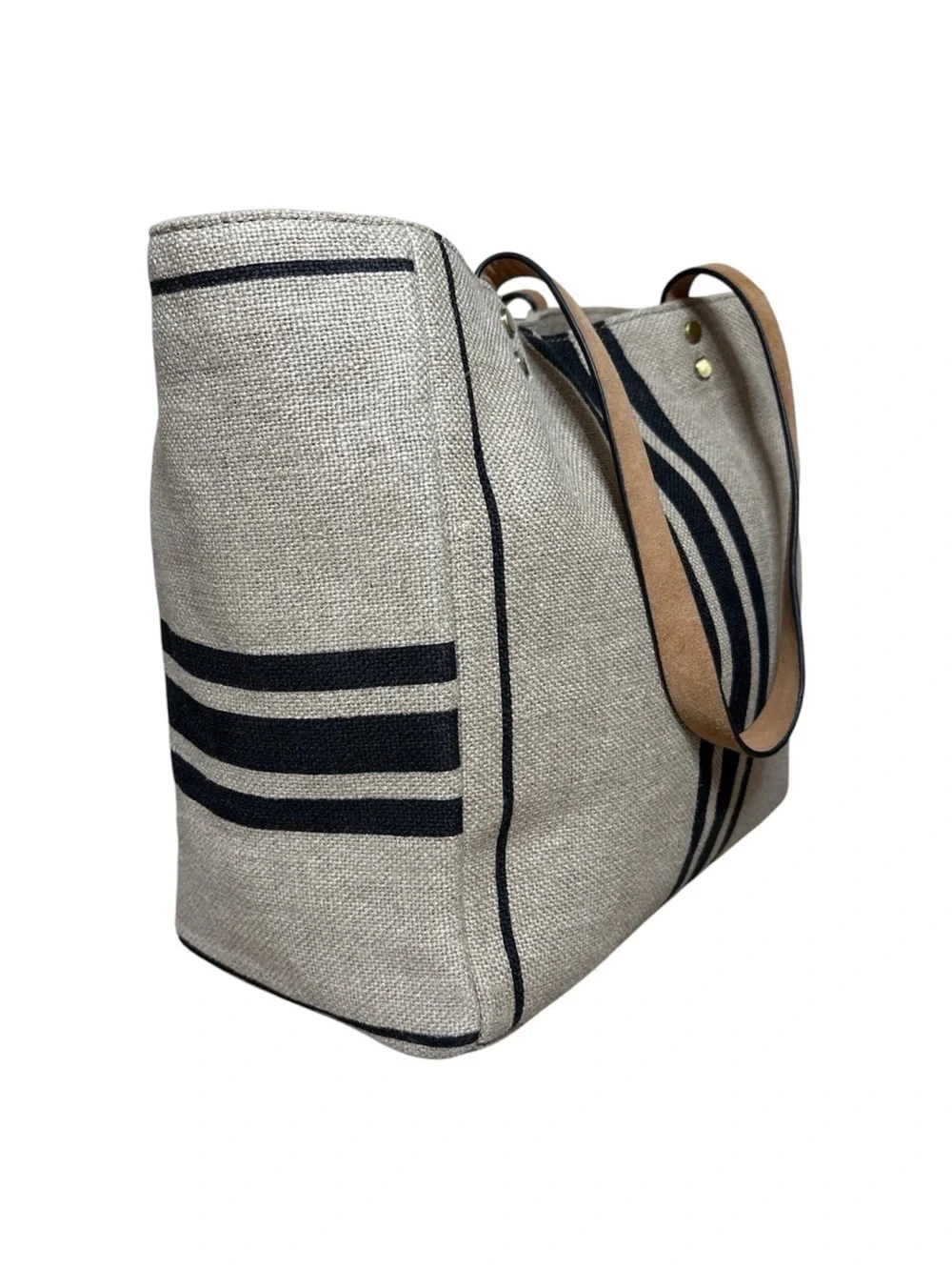 J Jill Linen Italian Leather Stripe Tote Bag Coastal Grandma Hamptons Chic Large